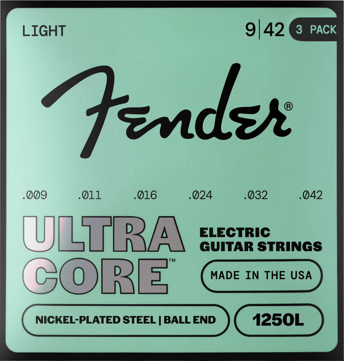 Fender 1250 Ultracore Guitar Strings, Nickel Plated Steel, Ball End, 1250L Gauges .009-.042, 3-Pack