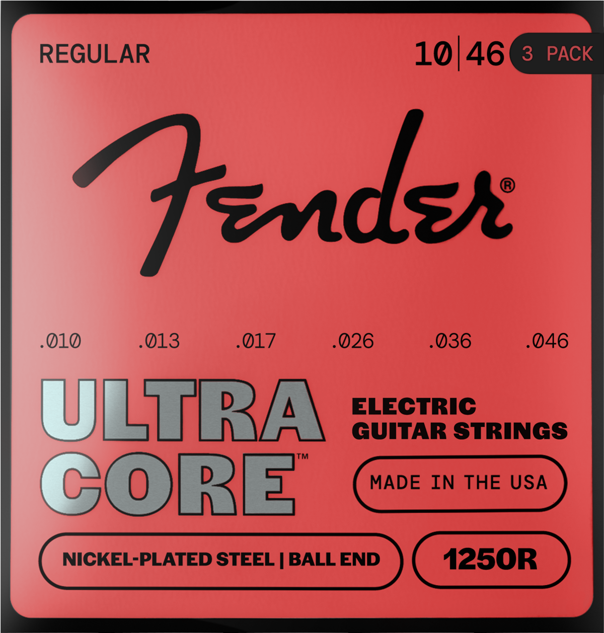 Fender 1250 Ultracore Guitar Strings, Nickel Plated Steel, Ball End, 1250R Gauges .010-.046, 3-Pack