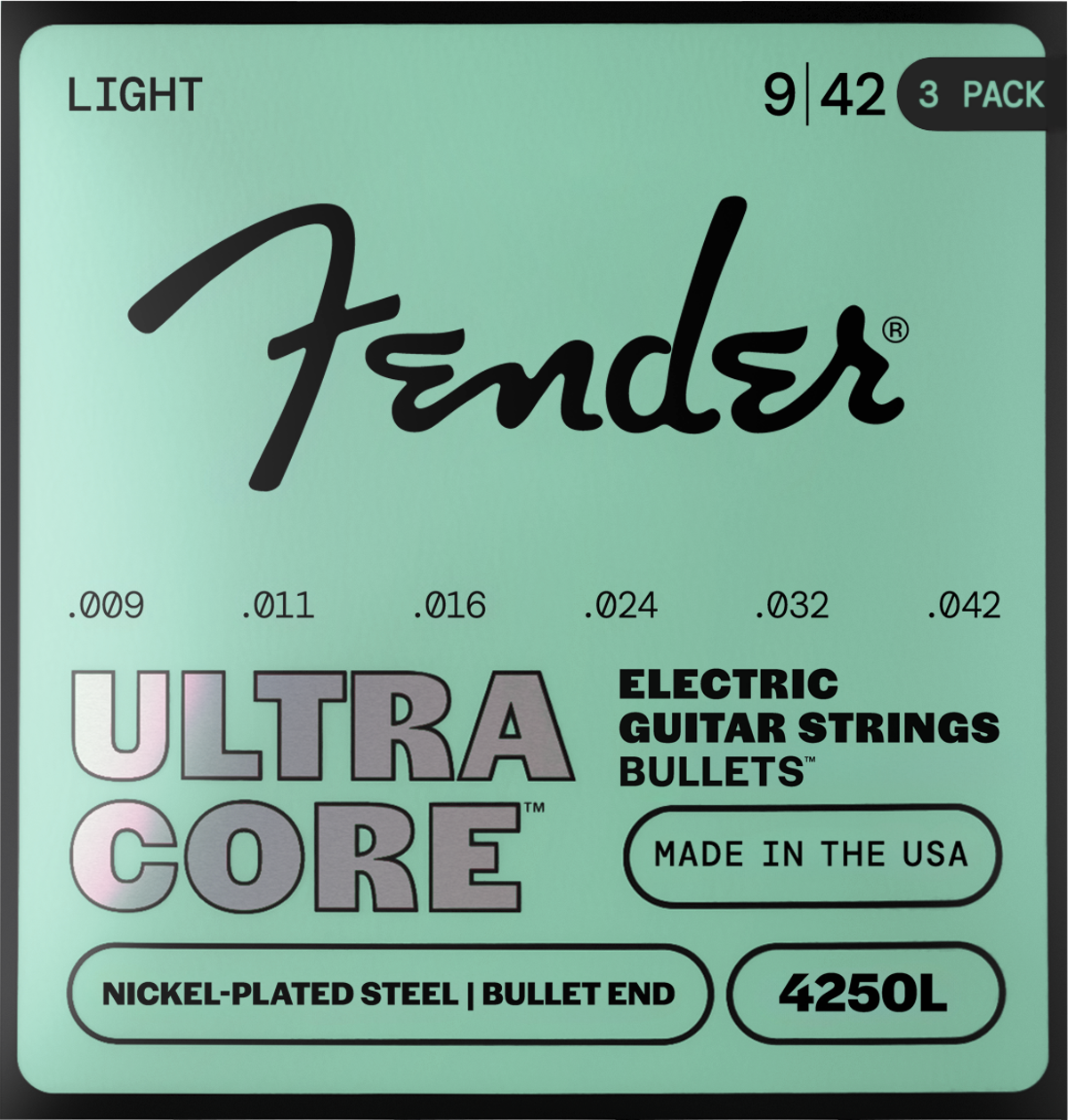 Fender 4250 Ultracore Guitar Strings, Nickel Plated Steel, Bullet End, 4250L Gauges .009-.042, 3-Pack