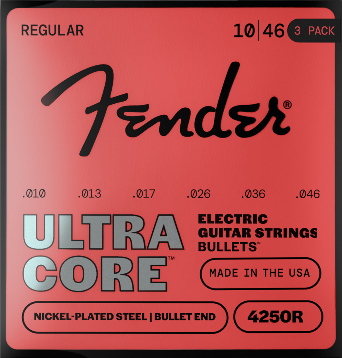 Fender 4250 Ultracore Guitar Strings, Nickel Plated Steel, Bullet End, 4250R Gauges .010-.046, 3-Pack
