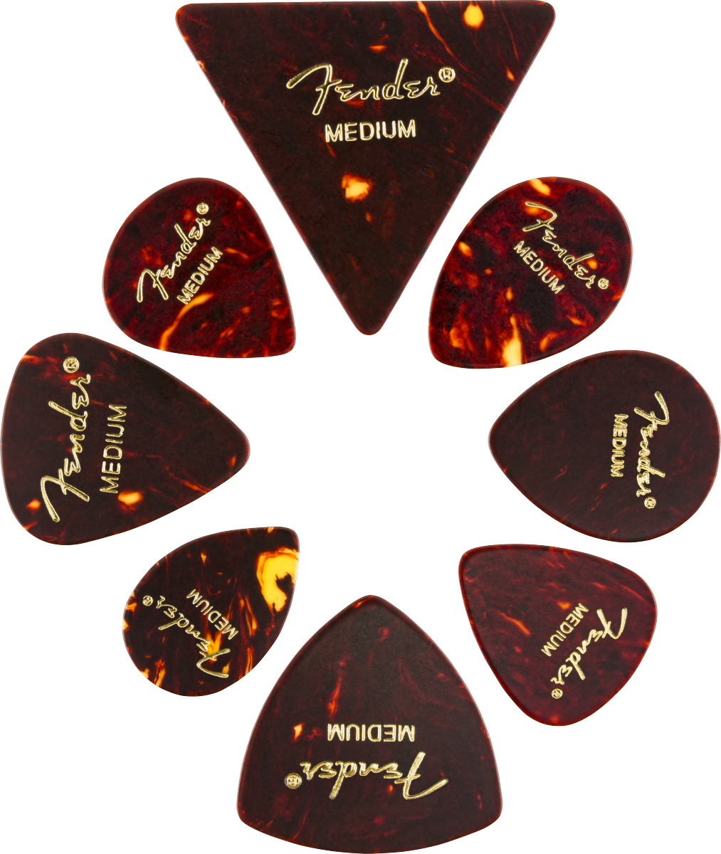 Fender All Shapes, Celluloid Medley Plectrums, Tortoise Shell, Medium, (8 Pack)