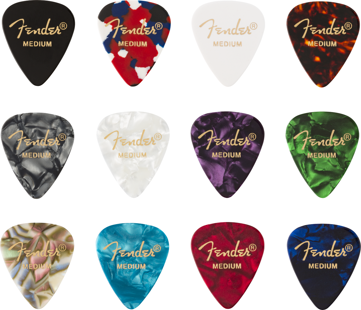Fender 351 Shape Plectrums, Celluloid Medley, Medium (12 Pack)