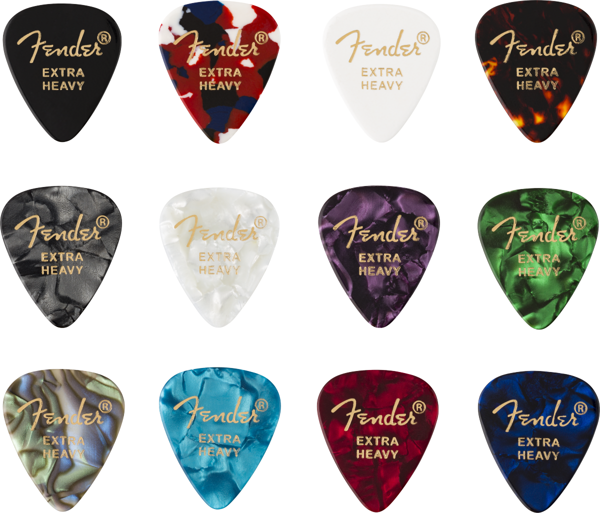 Fender 351 Shape Plectrums, Celluloid Medley, Extra Heavy (12 Pack)