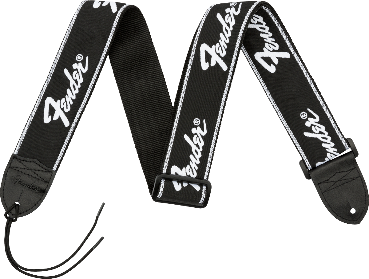 Fender Running Logo Strap, Black/White Logo, 2"