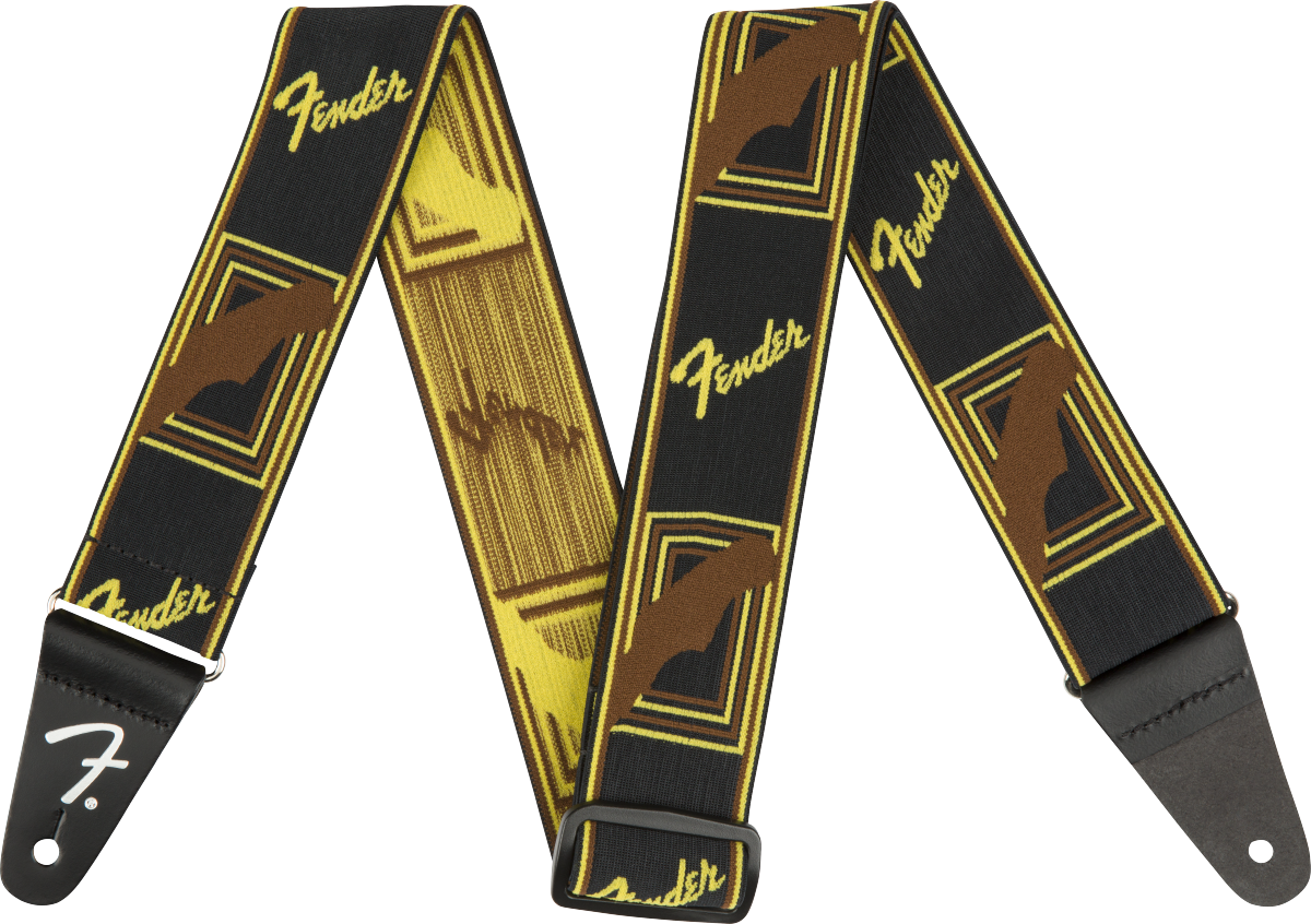 Fender WeighLess Monogram Strap, Black/Yellow/Brown, 2"