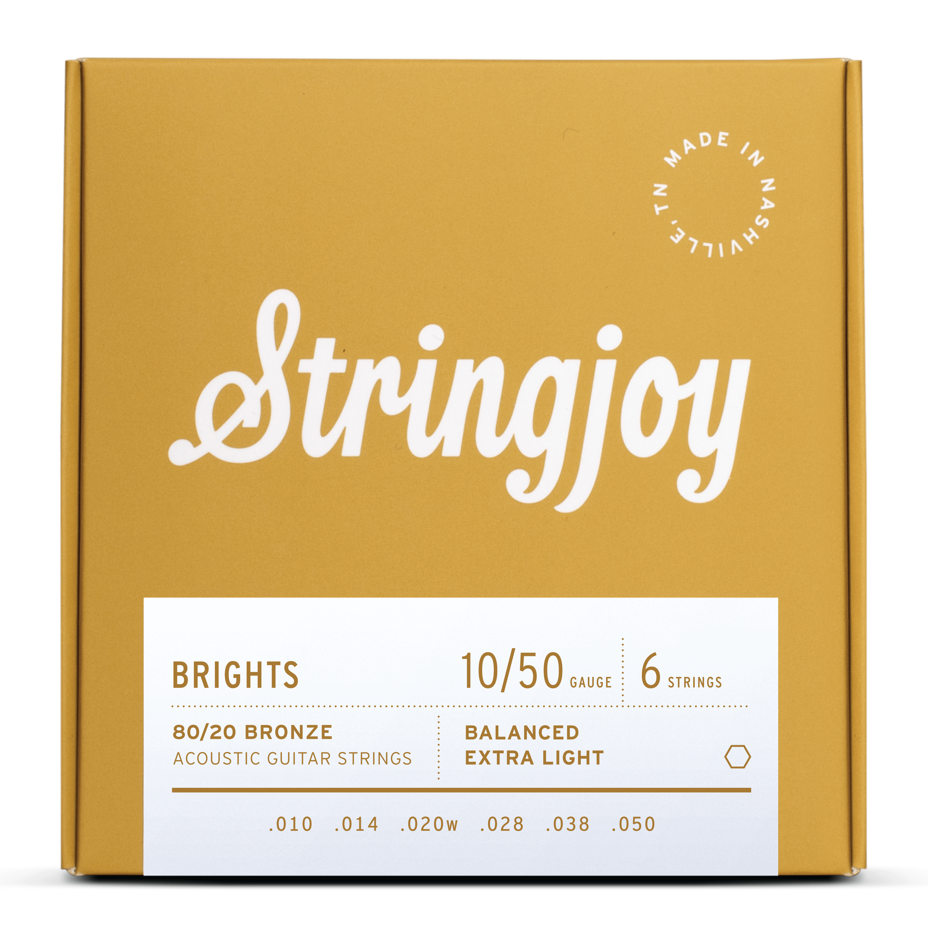 Stringjoy Brights | Extra Light Gauge (10-50) 80/20 Bronze Acoustic Guitar Strings