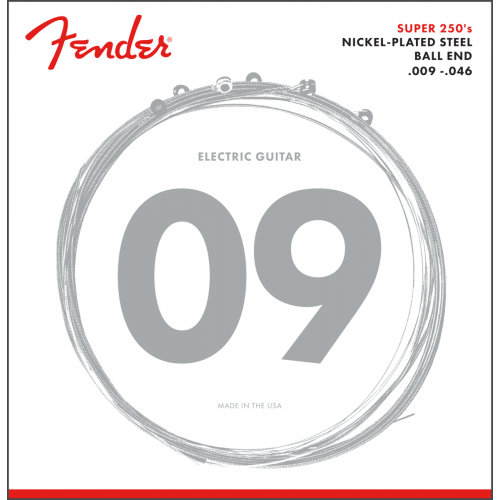 Fender Super 250 Electric Guitar Strings, Nickel Plated Steel, Ball End, 250LR Gauges .009-.046, (6-String)