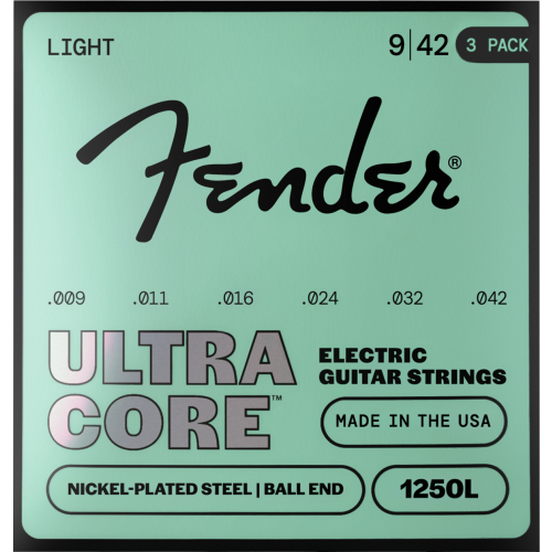 Fender 1250 Ultracore Guitar Strings, Nickel Plated Steel, Ball End, 1250L Gauges .009-.042, 3-Pack