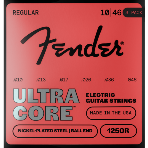 Fender 1250 Ultracore Guitar Strings, Nickel Plated Steel, Ball End, 1250R Gauges .010-.046, 3-Pack