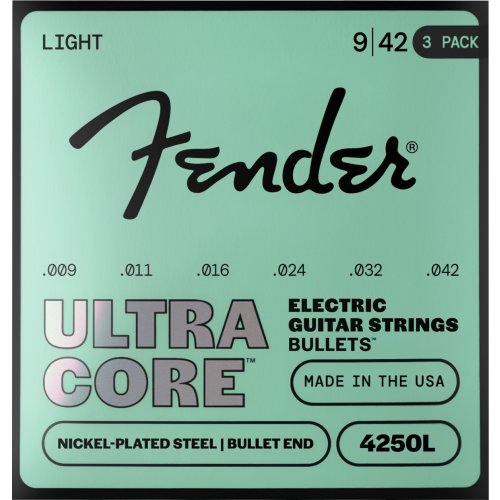 Fender 4250 Ultracore Guitar Strings, Nickel Plated Steel, Bullet End, 4250L Gauges .009-.042, 3-Pack