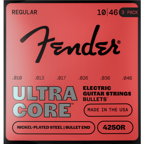Fender 4250 Ultracore Guitar Strings, Nickel Plated Steel, Bullet End, 4250R Gauges .010-.046, 3-Pack