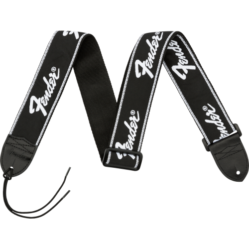 Fender Running Logo Strap, Black/White Logo, 2"